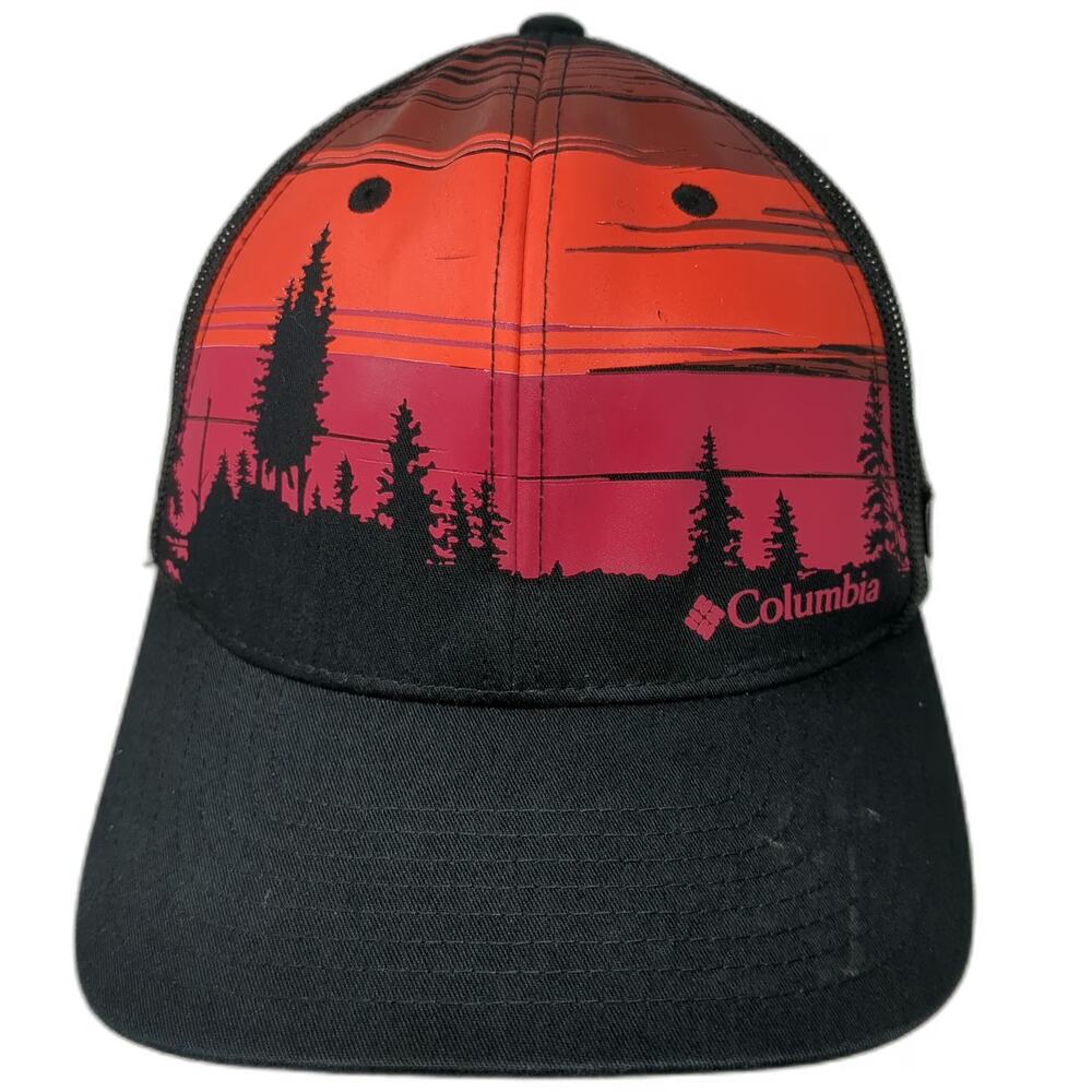 Columbia Trucker Hat Black One Size Sunset Pine Trees Mesh Back Snapback hat